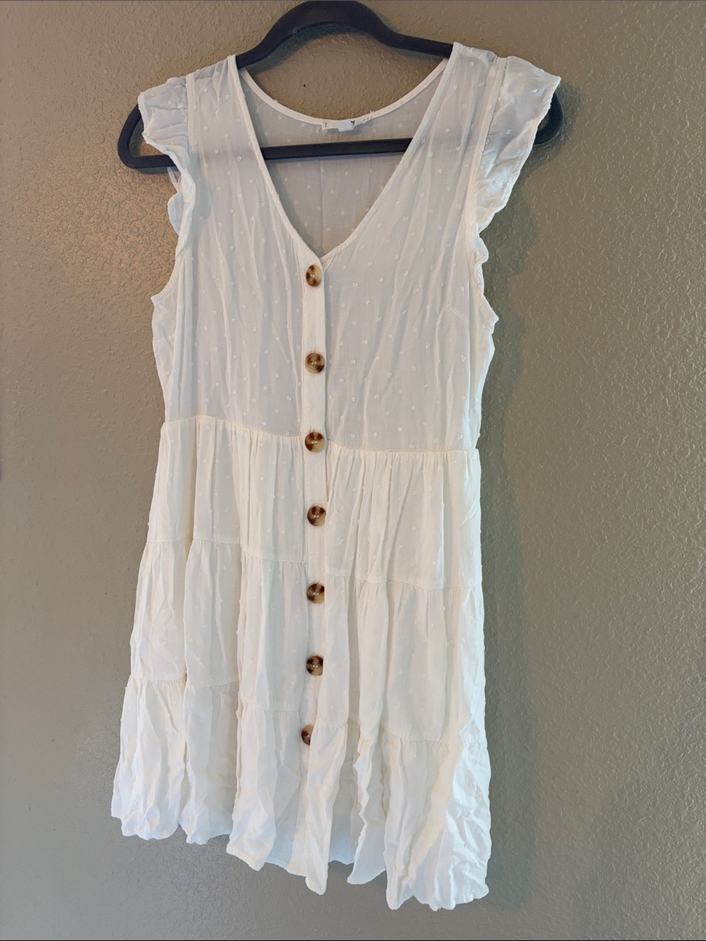 White Button-Front Mini Dress with Ruffle Sleeves